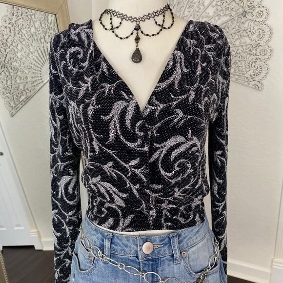 A-gaci Whimsygoth Vintage 90s Made in USA Glitter Wrap Top Deep V-neck Blouse S - Picture 6 of 9